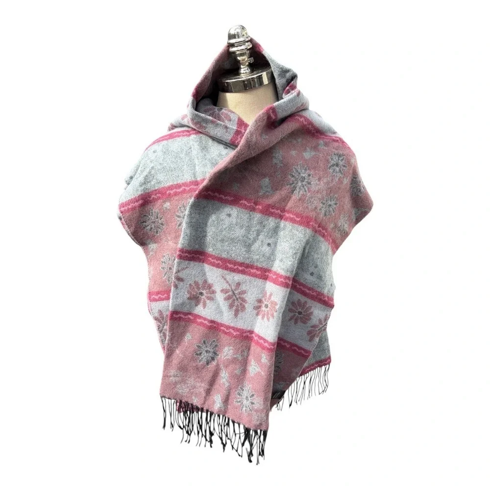 Gray Pink Floral Scarf Shawl Wrap‎ Fringe